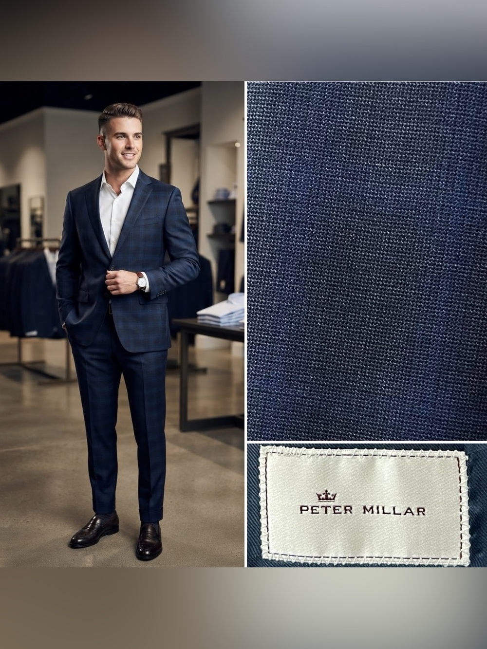 Peter Millar Men's 44R Blazer 37x29 Pant Blue Windowpane Plaid Wool Hopsack Suit